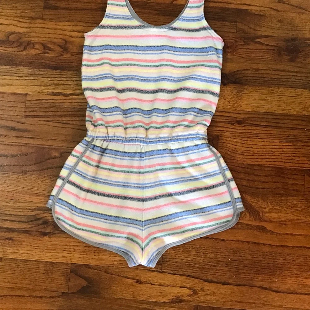 Justice 1 Pc Multicolor Stripe Shorts Romper Happy Rainbow Chill Ice Cream Pocke